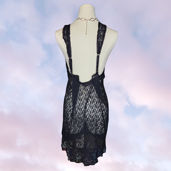Black Sheer Lace Whimsi Gothic V-Neck Frilly Grunge Boho Lingerie Slip Dress - Picture 4 of 6